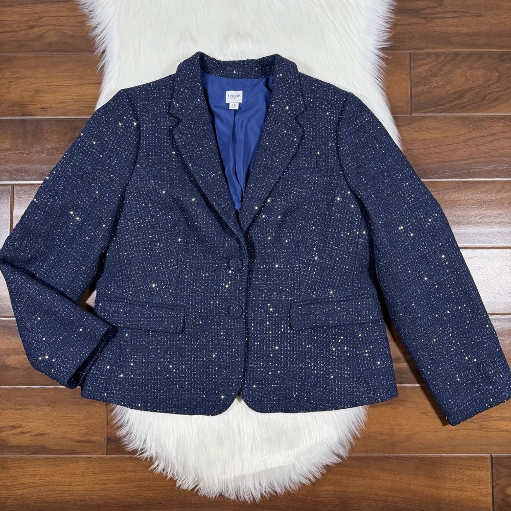 J. Crew Women's Size 16 Navy Blue Sequin Tweed Schoolboy Blazer Jacket CD830